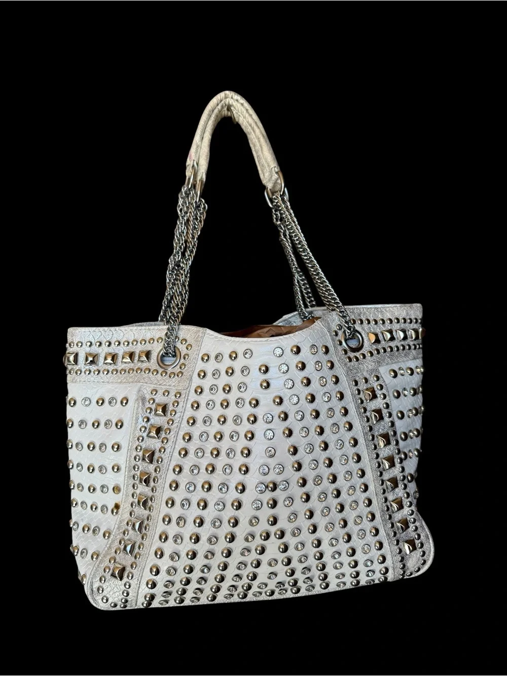 Julia & Michael White Studded Tote with Chain Handles
